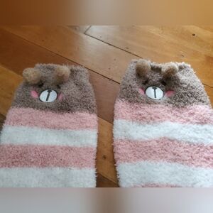 Thigh High Striped Fuzzy Socks with Bear Face